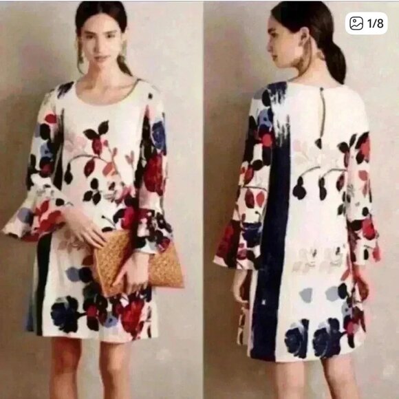 Maeve Anthropologie Blue Red Off-white Floral Print Bell-Sleeve Shift Dress S - Picture 11 of 11